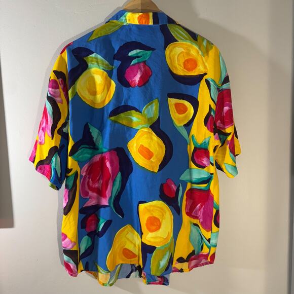 90s Connections Abstract Floral Button Up Shirt | Colorful Lemon Pop Art Blouse - Picture 3 of 4